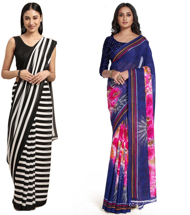 Printed Daily Wear Georgette Saree  (Black, Pink)