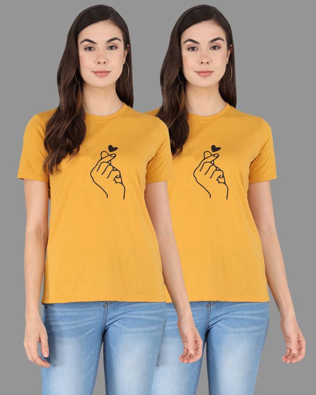 Pack of 2 Women Printed Round Neck Pure Cotton Yellow T-Shirt