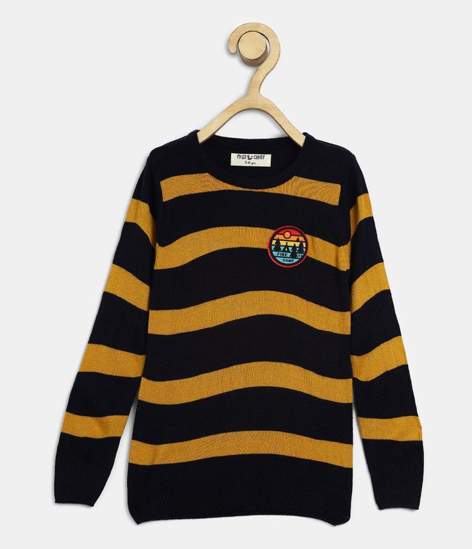 Boys Striped Crew Neck Dark Blue, Yellow Sweater