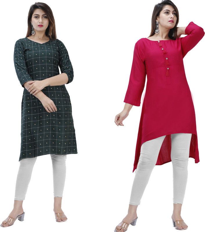 Pack of 2 Women Printed Viscose Rayon A-line Kurta  (Green, Pink)