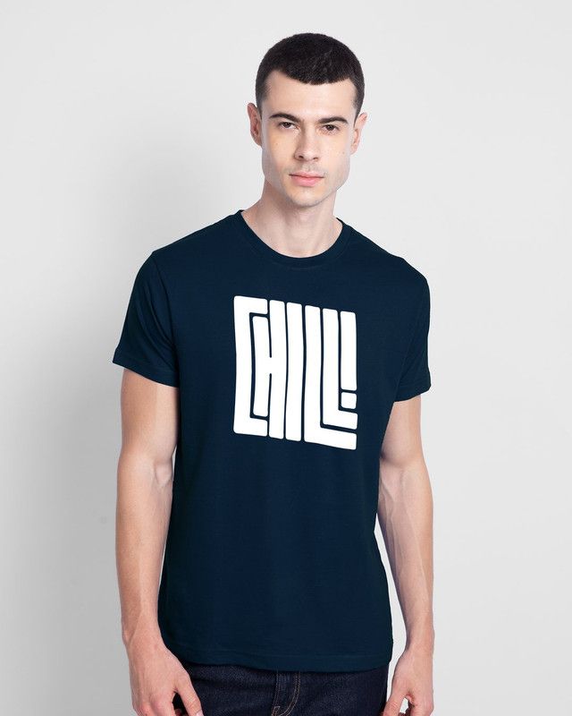 Chill Men Checkered Round Neck Cotton Blend Navy Blue T-Shirt