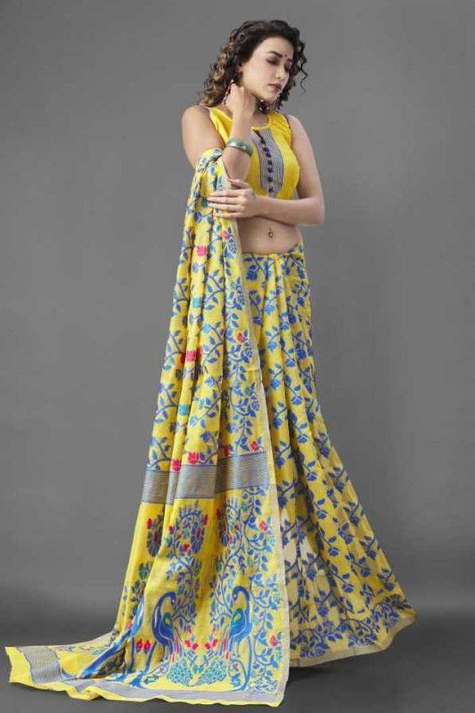 Floral Print Banarasi Art Silk Saree  (Blue, Yellow)
