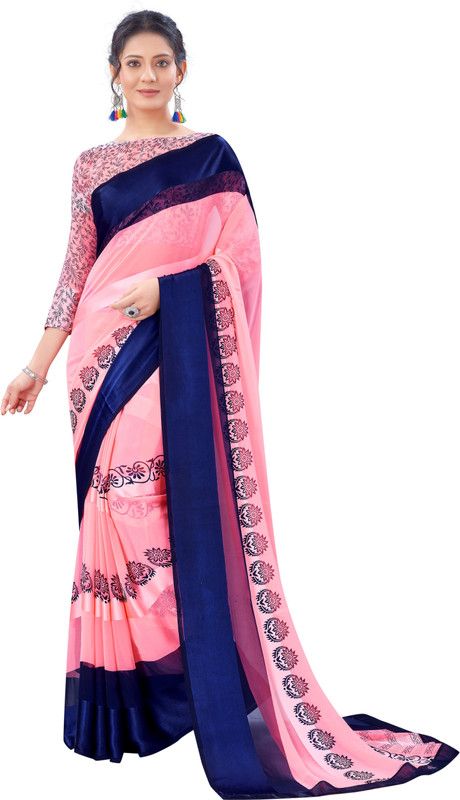 Digital Print, Color Block, Floral Print, Polka Print, Dyed Bollywood Georgette Saree  (Blue, Pink)