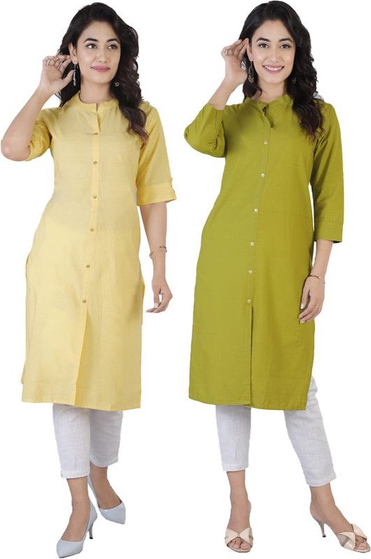 Pack of 2 Women Solid Pure Cotton Frontslit Kurta  (Green, Yellow)