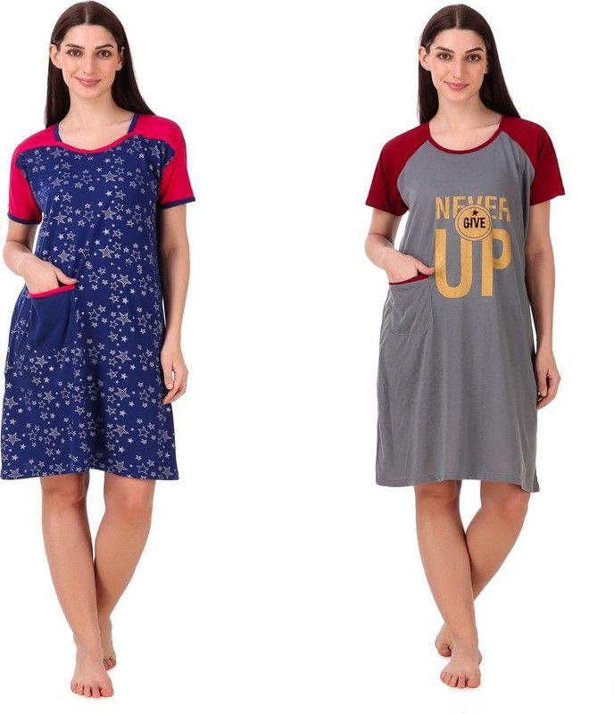 Pack of 2 Women Nightshirts  (Dark Blue, Grey)