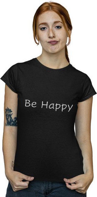 'Be Happy' T-shirt Women Typography Round Neck Pure Cotton Black T-Shirt