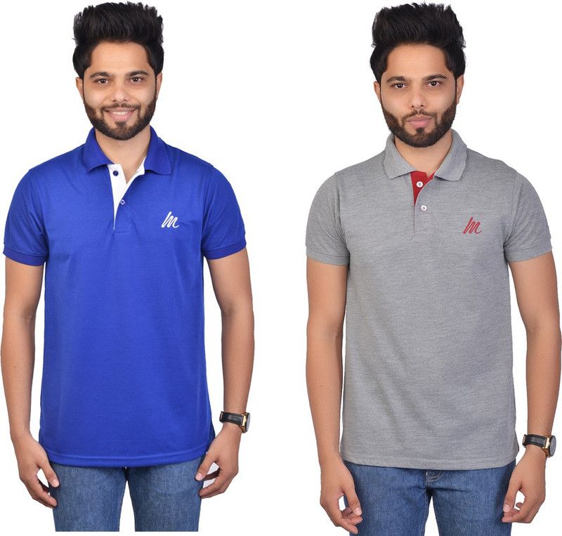 Pack of 2 Men Solid Polo Neck Cotton Blend Blue, Grey T-Shirt
