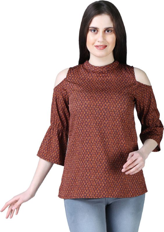 Casual Cold Shoulder Sleeves Printed Women Maroon, Orange Top