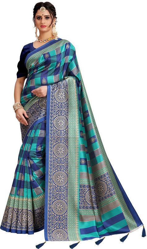Printed, Checkered Bollywood Silk Blend Saree  (Blue)