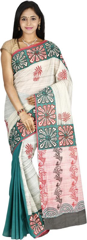 Printed Bollywood Cotton Blend Saree  (Beige)