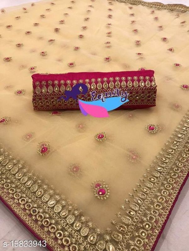 Embroidered Bollywood Net Saree  (Gold)
