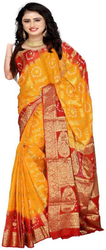 Checkered Bandhani Art Silk Saree  (Gold)