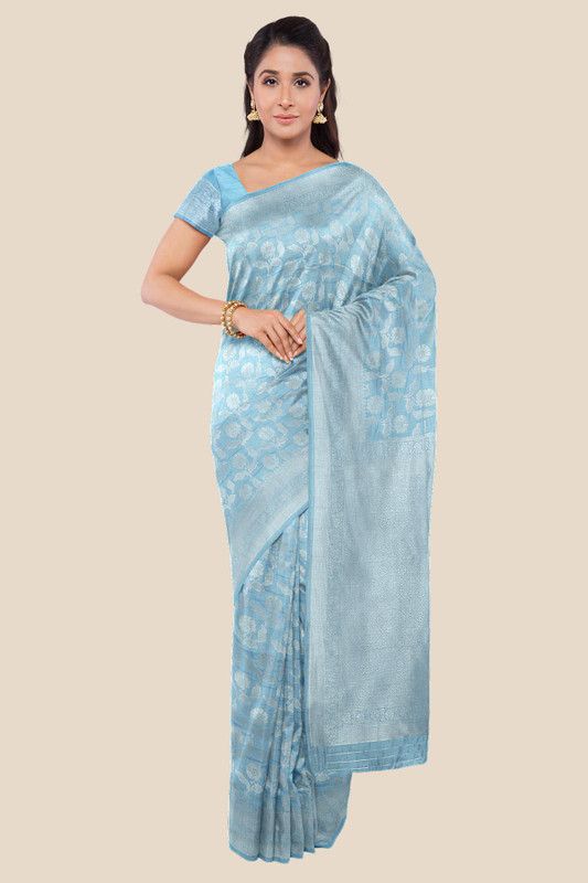 Floral Print Banarasi Silk Blend, Art Silk Saree  (Blue)