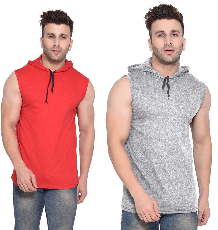 Pack of 2 Faizaan Men Solid Hooded Neck Cotton Blend Silver, Red T-Shirt