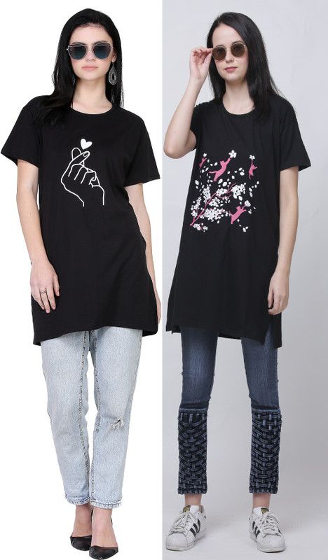 Pack of 2 Women Graphic Print Round Neck Cotton Blend Multicolor T-Shirt