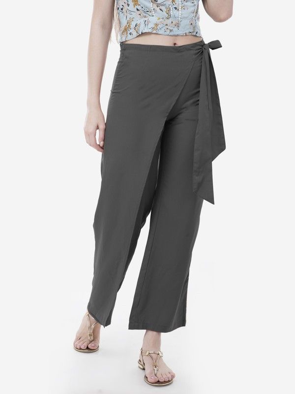 Women Regular Fit Grey Crepe Trousers