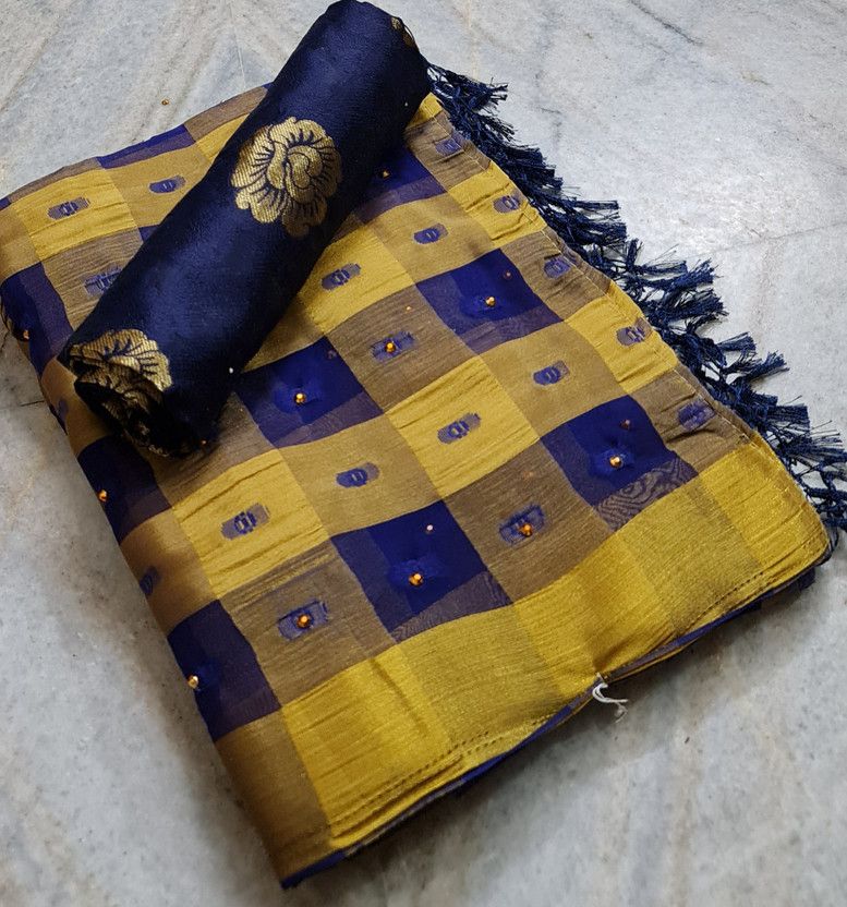 Woven, Checkered Banarasi Jacquard, Chiffon Saree  (Dark Blue, Cream)