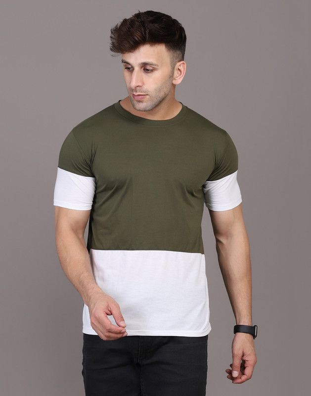 Men's Half Sleeves Round Neck T-shirt Men Solid Round Neck Cotton Blend Dark Green, White T-Shirt