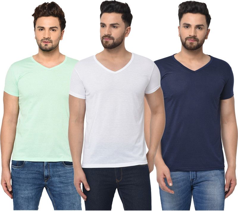 Pack of 3 V neck Combo T-shirts Multicolor Men Solid V Neck Cotton Blend Dark Blue, White, Light Green T-Shirt