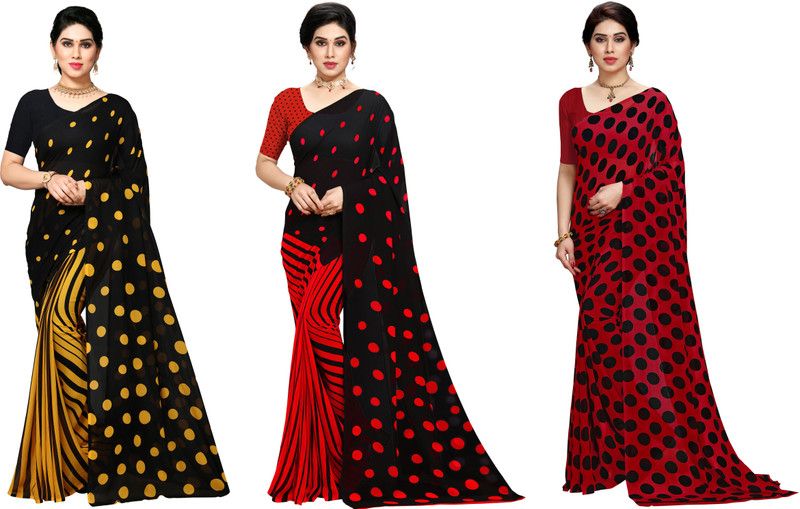 Printed Daily Wear Georgette Saree  (Pack of 3, Red, Black, Yellow)