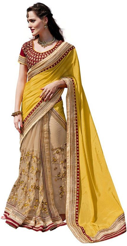 Embroidered Bollywood Net, Chiffon Saree  (Beige, Yellow)