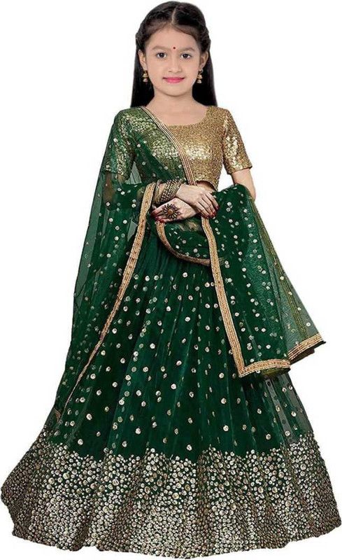 Girls Lehenga Choli Ethnic Wear, Party Wear Embroidered Lehenga, Choli and Dupatta Set  (Green, Pack of 1)