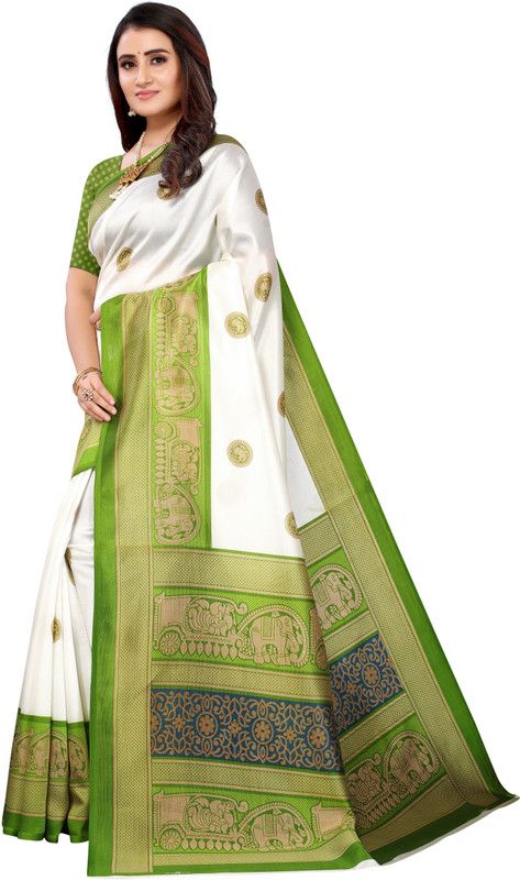 Printed Bollywood Art Silk Saree  (White, Light Green)