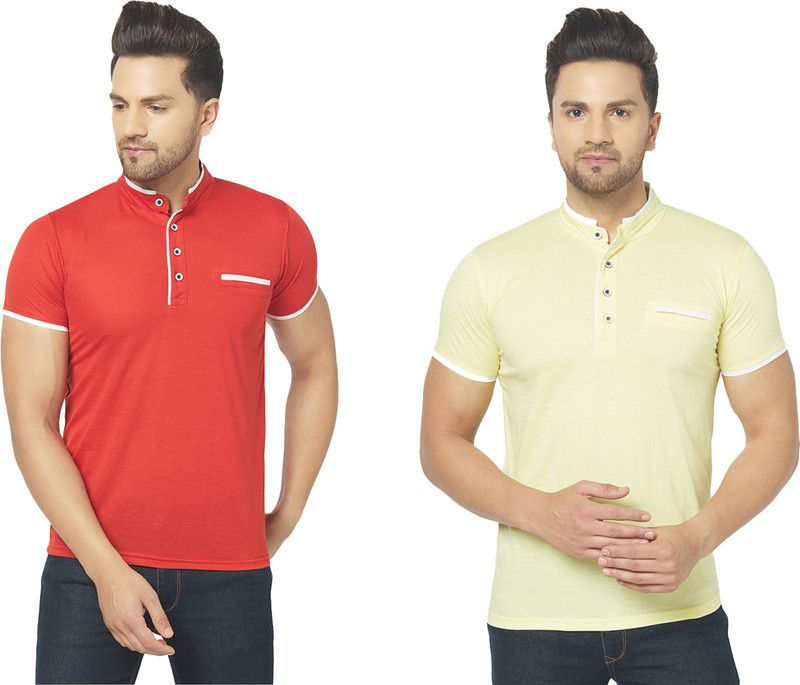 Pack of 2 Men Solid Henley Neck Cotton Blend Red, Yellow T-Shirt