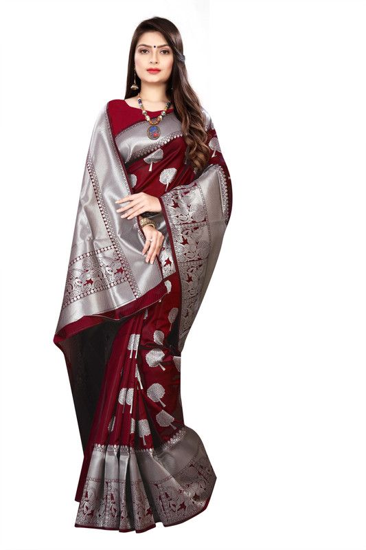 Embellished, Woven Kanjivaram Jacquard, Pure Silk Saree  (Maroon)