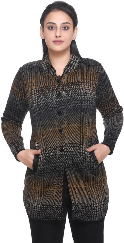 Women Checkered Collared Neck Brown Sweater