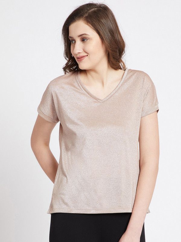 Women Self Design V Neck Poly Cotton Beige T-Shirt