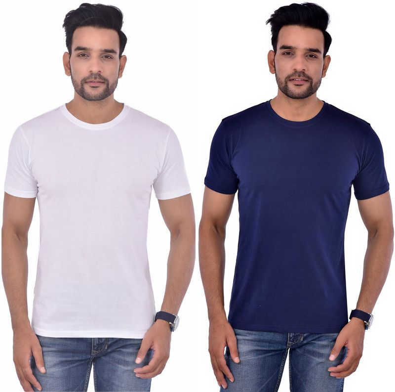 Pack of 2 Men Solid Round Neck Cotton Blend Dark Blue, White T-Shirt