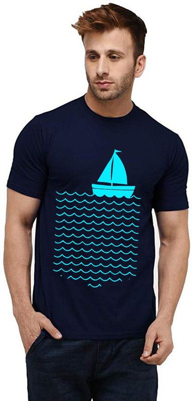 Sailing Boat Men Graphic Print Round Neck Pure Cotton Dark Blue T-Shirt