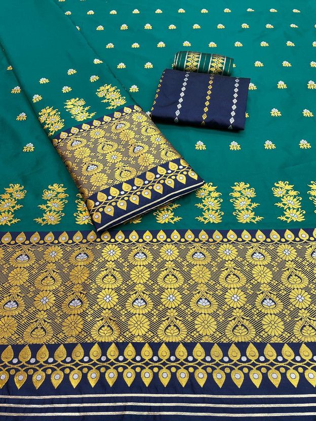 Woven Mekhela Chador Silk Blend Saree  (Dark Blue, Light Blue)