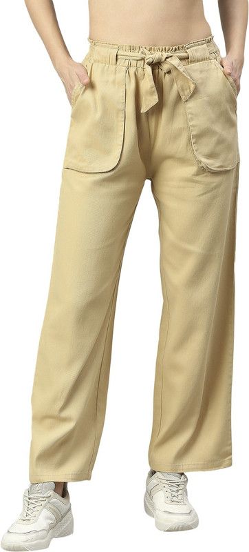 Women Regular Fit Cream Pure Cotton Trousers