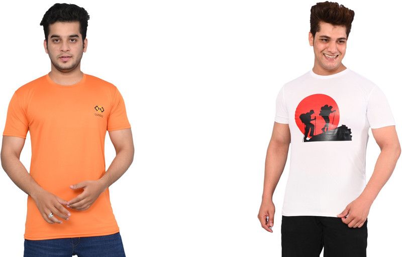 Pack of 2 Men Printed Round Neck Elastane White, Orange T-Shirt