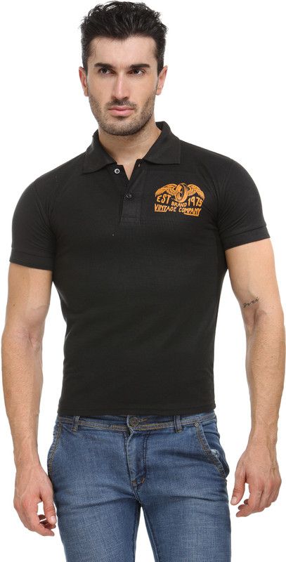 Men Graphic Print, Solid Polo Neck Cotton Blend Black T-Shirt