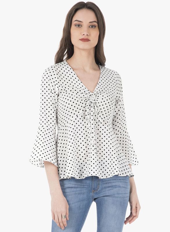 Casual Bell Sleeves Polka Print Women White, Black Top