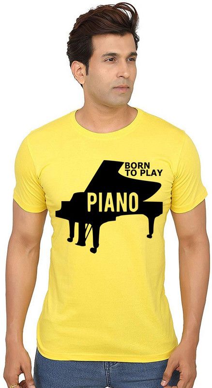 Born To Play Piano Men Graphic Print Round Neck Pure Cotton Yellow T-Shirt