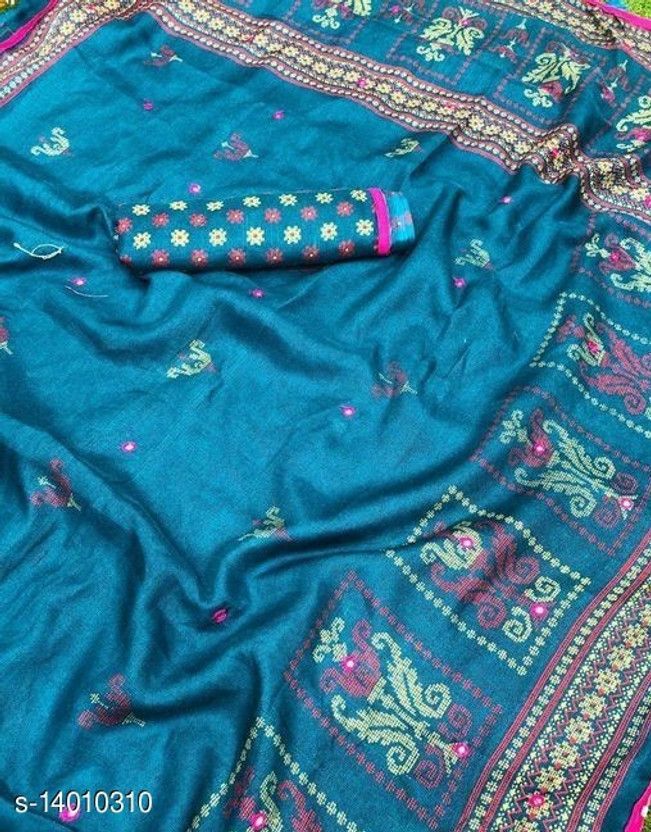 Printed Chettinadu Cotton Jute Saree  (Light Blue)