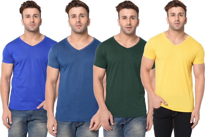 Pack of 4 Men Solid V Neck Cotton Blend Dark Green, Blue, Yellow T-Shirt