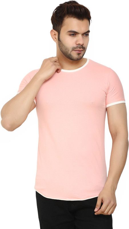 Men Colorblock Round Neck Elastane Pink T-Shirt