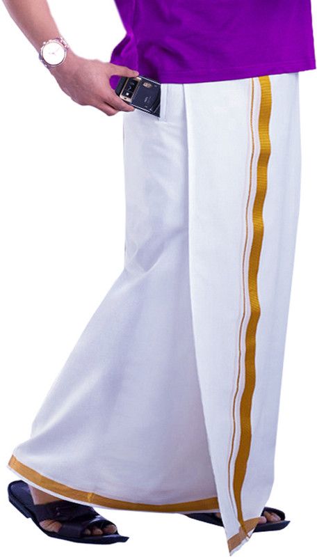 Prakasam Cotton Premium Quality Welcro Pocket ( sticker Dhoti) Jari Cotton White Solid Men Dhoti