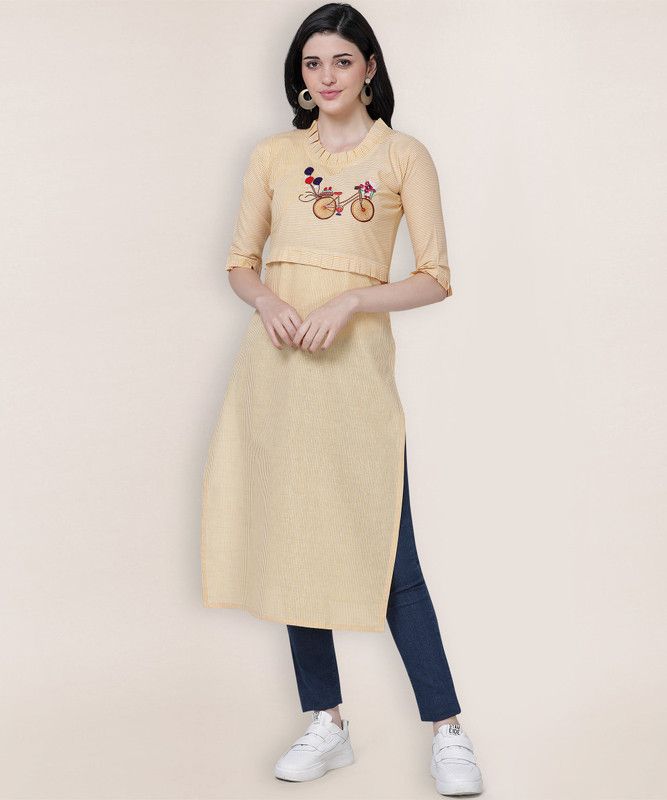 Women Embroidered, Striped Cotton Blend Straight Kurta  (Yellow)