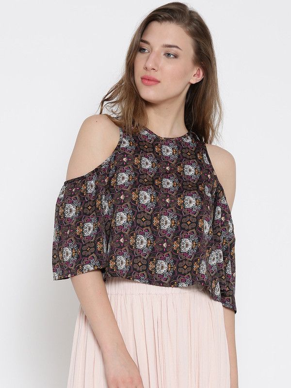 Casual Cold Shoulder Sleeves Printed, Floral Print Women Multicolor Top