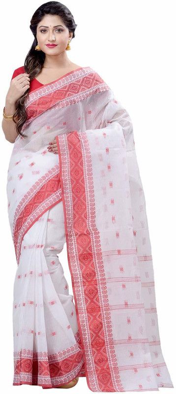Printed Handloom Cotton Blend Saree  (White)