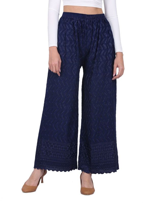 Women Regular Fit, Flared, Relaxed Blue Viscose Rayon Trousers