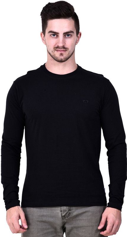 ARTHUR Men Solid Round Neck Pure Cotton Black T-Shirt