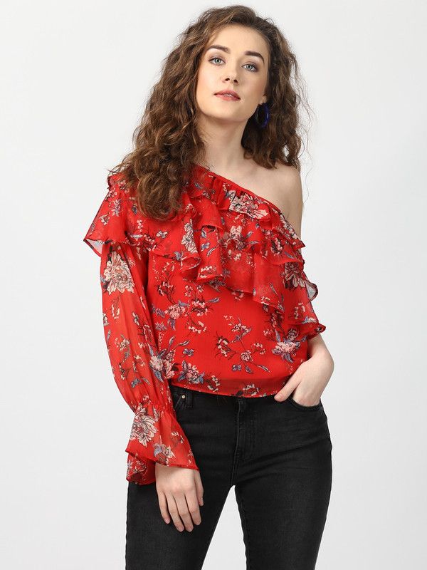 Party One Shoulder Sleeves Floral Print Women Red Top
