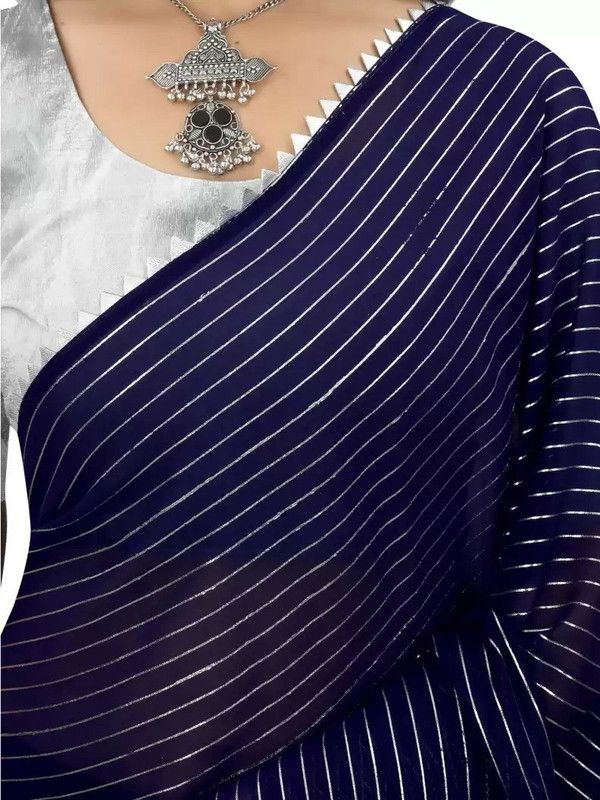 Printed, Striped Bollywood Georgette, Silk Blend Saree  (Blue)